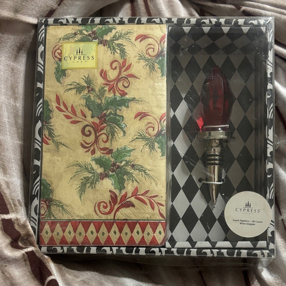 Cypress Red and Gold Wine Stopper and Napkin Set